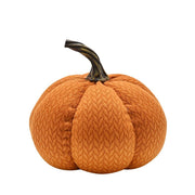 Country Living small fabric pumpkin doorstop, chevron knit-effect fabric with realistic twisted dark stem, front view on white background