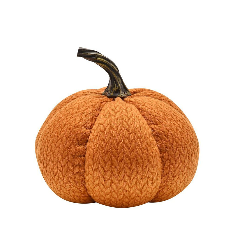 Country Living small fabric pumpkin doorstop, chevron knit-effect fabric with realistic twisted dark stem, front view on white background