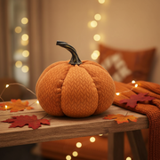 A burnt orange fabric pumpkin decoration with a herringbone weave texture and a dark natural stem, displayed on a wooden surface in a warm cosy autumnal indoor setting with golden amber tones and soft bokeh fairy lights in the background