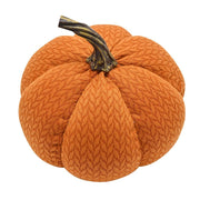 Country Living small fabric pumpkin doorstop, top-down view showing chevron knit-effect fabric and twisted dark stem, white background