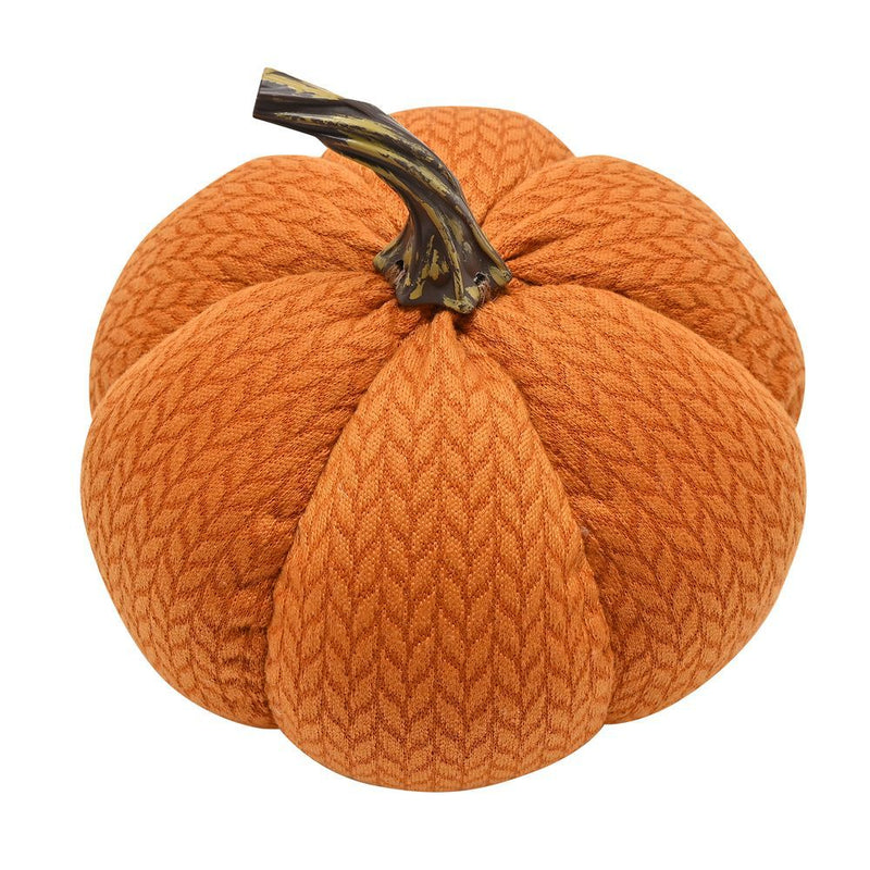 Country Living small fabric pumpkin doorstop, top-down view showing chevron knit-effect fabric and twisted dark stem, white background