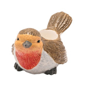 Country Living robin tea light holder, front view showing plump robin with red breast, brown feathered body and upturned tail, white background