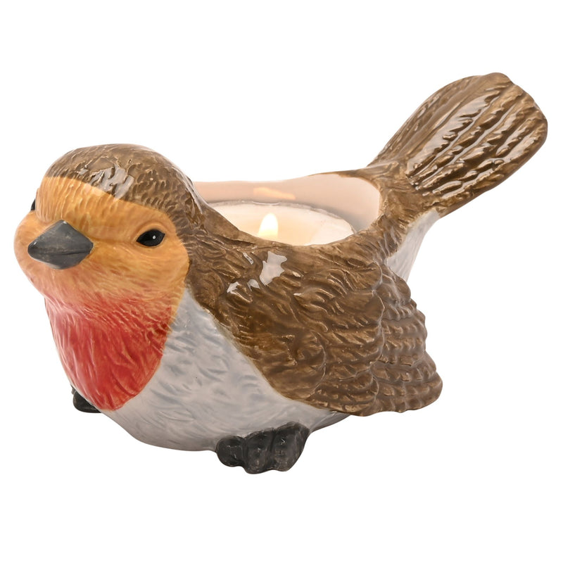 Country Living robin tea light holder, side view with lit tea light, detailed feather finish and upturned tail, white background