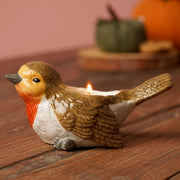 Country Living robin tea light holder, lifestyle shot with lit tea light on wooden surface, autumn pumpkin display in background