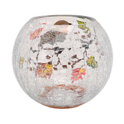 A round crackle glass votive holder with a globe shape, plain crackle glass texture, open top, on a white background