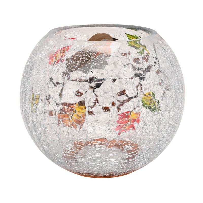 A round crackle glass votive holder with a globe shape, plain crackle glass texture, open top, on a white background