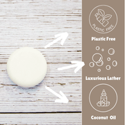 Laneside Soap Co Coconut Cream Shampoo Bar 60g showing plastic free, luxurious lather, and coconut oil highlights