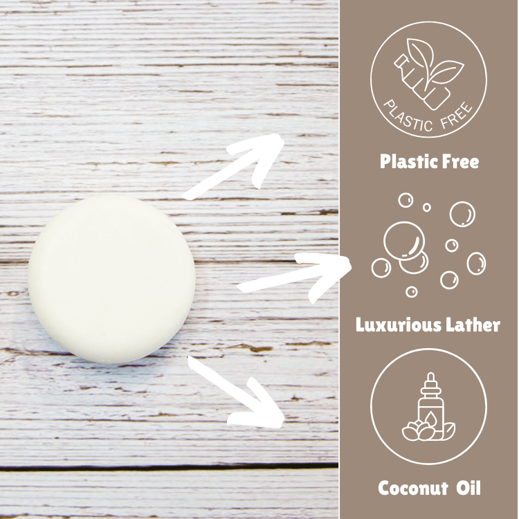 Laneside Soap Co Coconut Cream Shampoo Bar 60g showing plastic free, luxurious lather, and coconut oil highlights