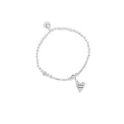 Equilibrium Friends Forever Silver Plated Message Bracelet with silver plated ball beads, curved bar section, engraved "Friends forever" heart charm and crystal-effect disc charm on white background