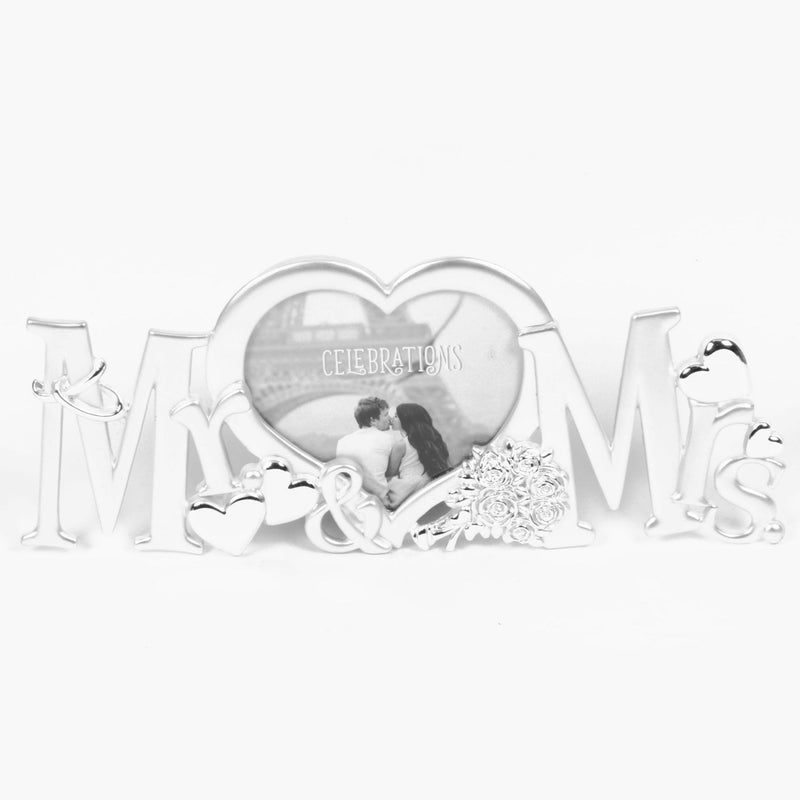 Silver Plated Mr & Mrs heart photo frame with floral bouquet detail, holds 3x3 inch photo, wedding gift