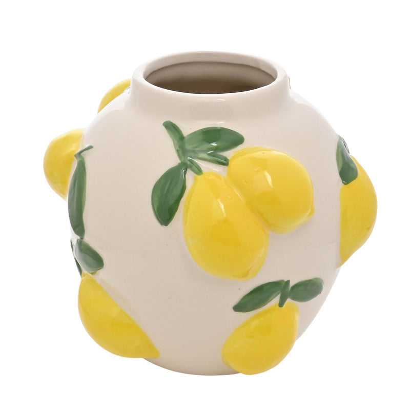 Hestia white ceramic vase with lemon design 12cm, front product shot on white background