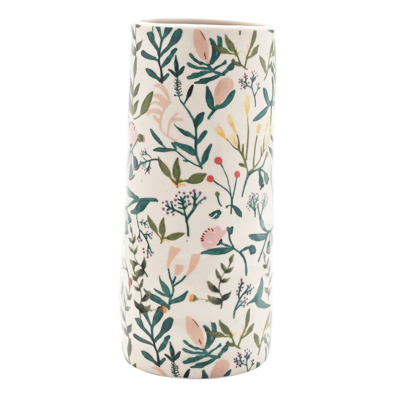 Hestia ceramic vase with all-over botanical print of foliage, soft florals, berries and wildflower stems