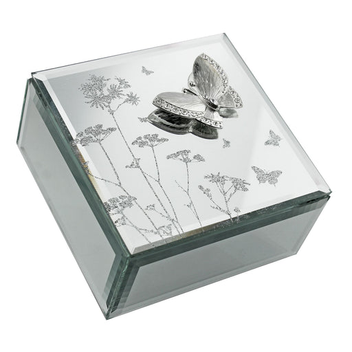 Hestia mirrored glass jewellery box with silver butterfly and floral embellishment