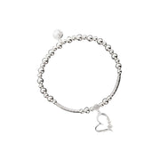Equilibrium Open Heart Crystal Silver Plated Stretch Bracelet with silver plated ball beads, bar sections, open heart charm with crystal-effect stone at the bail and three graduating crystal-effect stones along the side, and Equilibrium disc charm, on white background