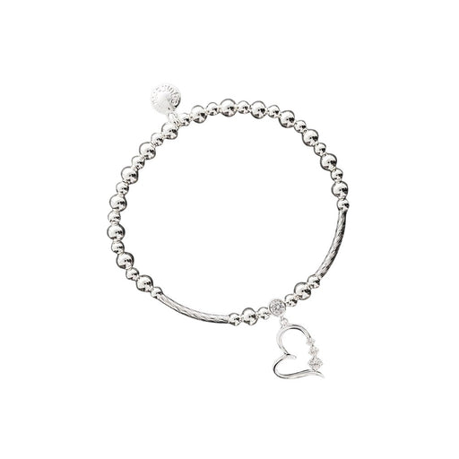 Equilibrium Open Heart Crystal Silver Plated Stretch Bracelet with silver plated ball beads, bar sections, open heart charm with crystal-effect stone at the bail and three graduating crystal-effect stones along the side, and Equilibrium disc charm, on white background