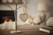 Small hanging heart ornament on a rustic twig tree in a cosy home setting