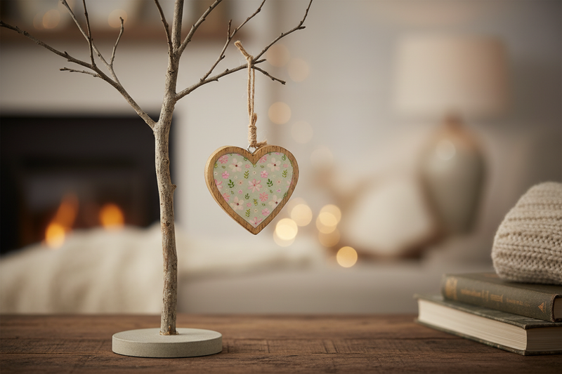 Small hanging heart ornament on a rustic twig tree in a cosy home setting
