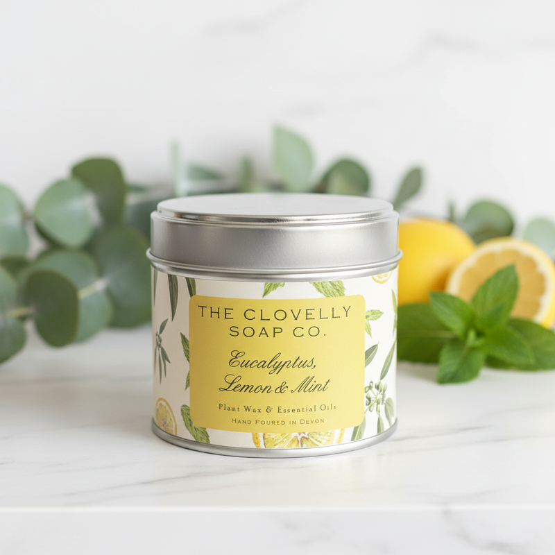 Eucalyptus Lemon and Mint candle tin with botanical background