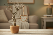 Small hanging heart ornament on a rustic twig tree in a cosy home setting