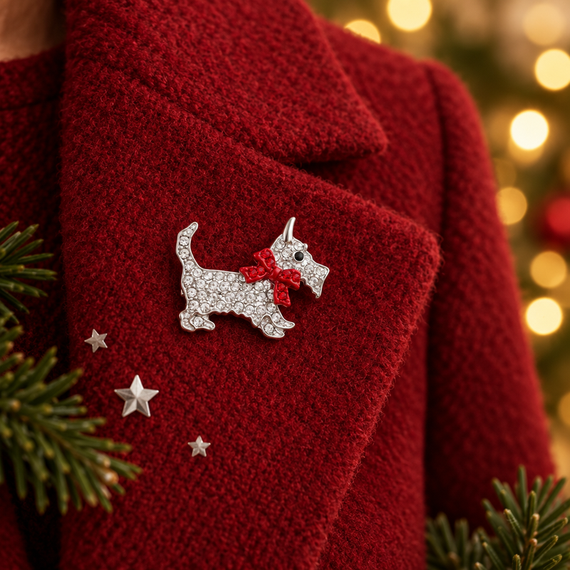 Silver Plated Crystal Dog with Bow Brooch