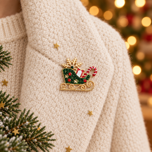 Gold plated Christmas sleigh brooch pinned on a cream knitted jacket lapel, shown at true-to-life brooch scale, surrounded by gold star confetti and evergreen sprigs with warm golden bokeh fairy lights in the background