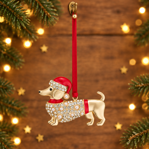 Gold plated crystal dachshund decoration hanging by a long red ribbon threaded through a rustic gold hook, surrounded by evergreen sprigs and gold star confetti with warm golden bokeh fairy lights in the background
