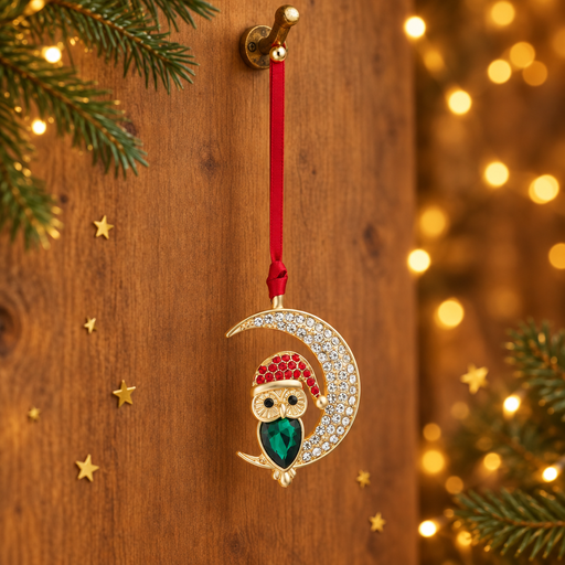 Gold plated crystal owl in the moon decoration hanging by a long red ribbon threaded through a rustic gold hook, surrounded by evergreen sprigs and gold star confetti with warm golden bokeh fairy lights in the background