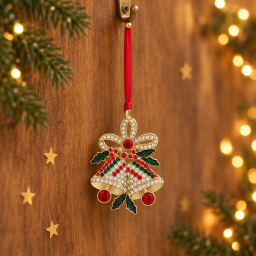 Gold plated crystal bells decoration hanging by a long red ribbon threaded through a rustic gold hook, surrounded by evergreen sprigs and gold star confetti with warm golden bokeh fairy lights in the background
