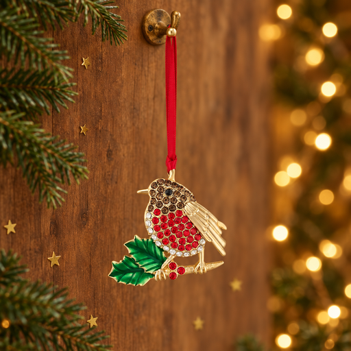 Gold plated crystal robin decoration hanging by a long red ribbon threaded through a rustic gold hook, surrounded by evergreen sprigs and gold star confetti with warm golden bokeh fairy lights in the background
