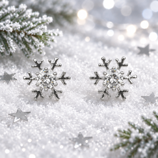 Pair of rhodium plated Cubic Zirconia snowflake earrings laid face-up in soft snow, surrounded by silver star confetti and frosted evergreen sprigs with cool bokeh fairy lights in the background