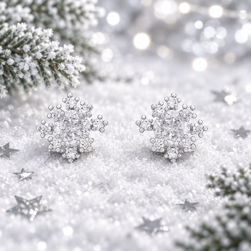 Pair of rhodium plated Cubic Zirconia snowflake earrings lying flush in soft snow, surrounded by silver star confetti and frosted evergreen sprigs with cool bokeh fairy lights in the background