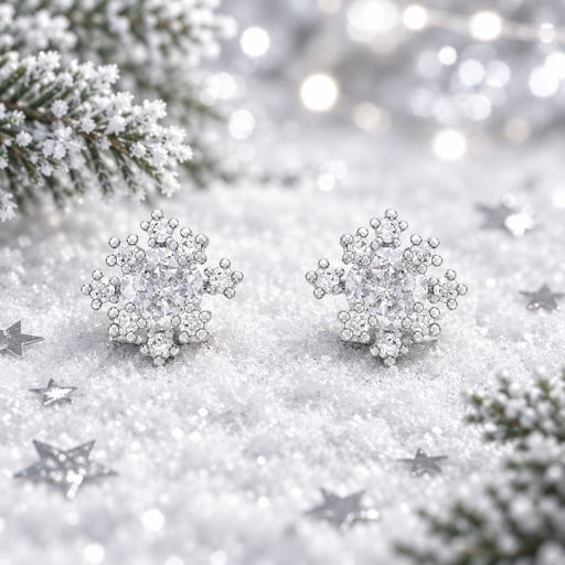 Pair of rhodium plated Cubic Zirconia snowflake earrings lying flush in soft snow, surrounded by silver star confetti and frosted evergreen sprigs with cool bokeh fairy lights in the background