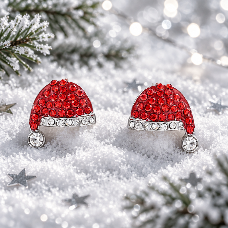 Pair of rhodium plated Santa hat stud earrings nestled into soft snow, surrounded by silver star confetti and frosted evergreen sprigs with cool bokeh fairy lights in the background