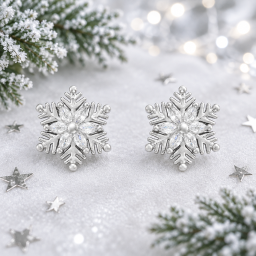 Pair of rhodium plated snowflake crystal earrings laid on a soft silvery white surface, surrounded by silver star confetti and frosted evergreen sprigs with cool bokeh fairy lights in the background