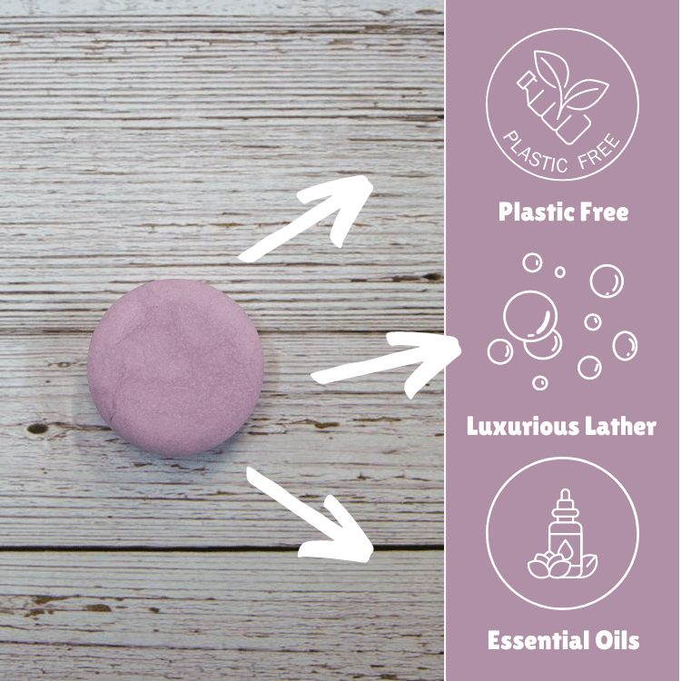 Laneside Soap Co Lavender Shampoo Bar on a wooden surface with feature callouts: Plastic Free, Luxurious Lather, and Essential Oils