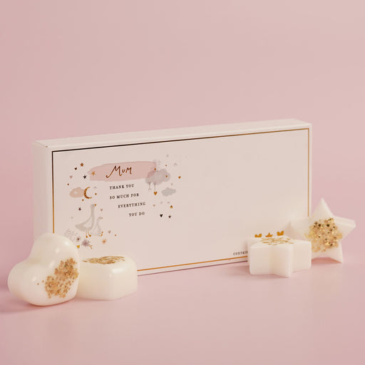 The Little Things Wax Melts Mum gift box with illustrated ducks scene, gold border and sentiment Mum Thank You So Much For Everything You Do, star and heart wax melts displayed on pink background