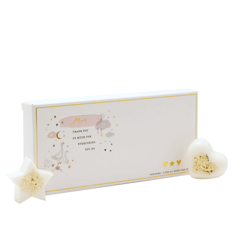 The Little Things Wax Melts Mum slim white gift box with gold border and illustrated ducks scene on white background, star and heart wax melts alongside