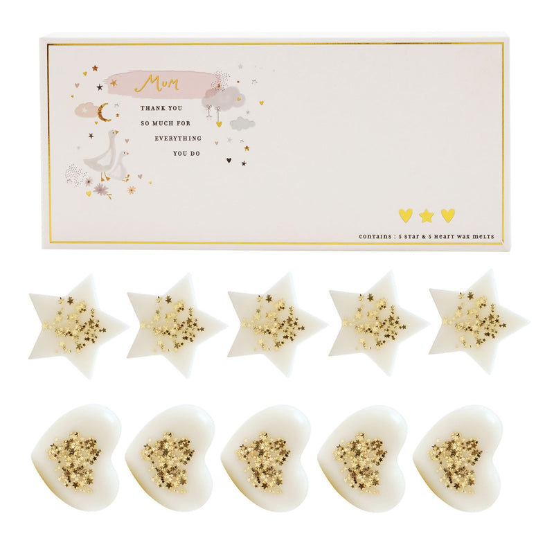 The Little Things Wax Melts Mum gift box front view showing 5 star and 5 heart-shaped ivory wax melts with gold star confetti on white background