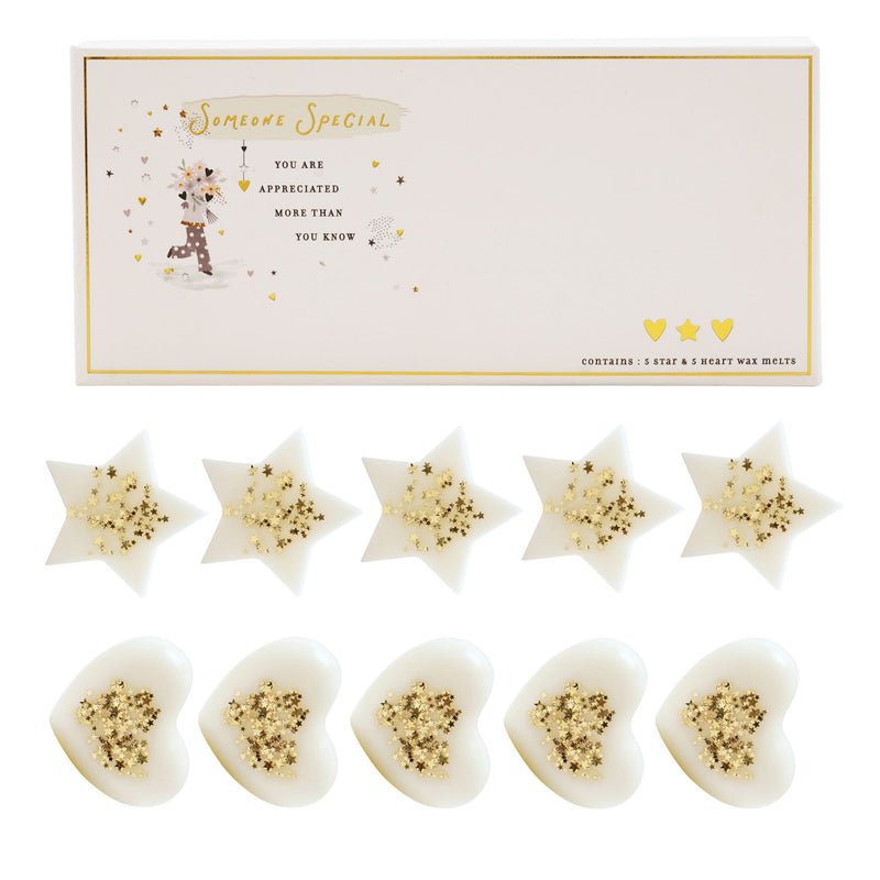 The Little Things Someone Special wax melt gift box and contents showing 5 star and 5 heart-shaped ivory wax melts with gold star confetti