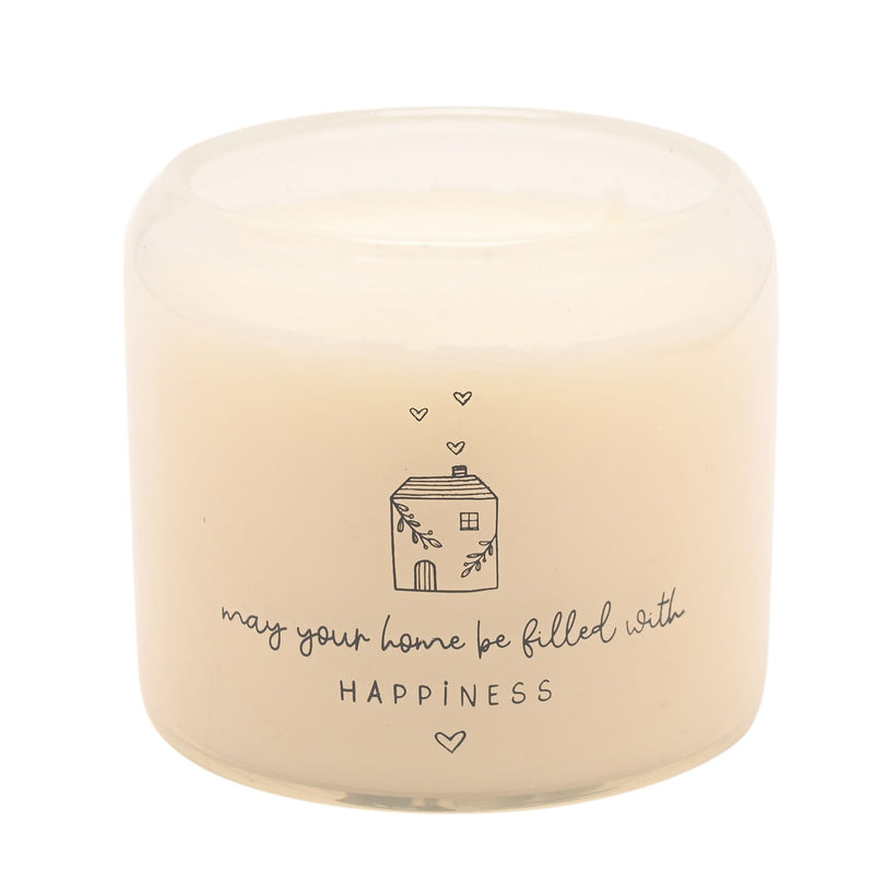 Moments Happy Home 390g double wick candle in frosted glass jar, front view on white background