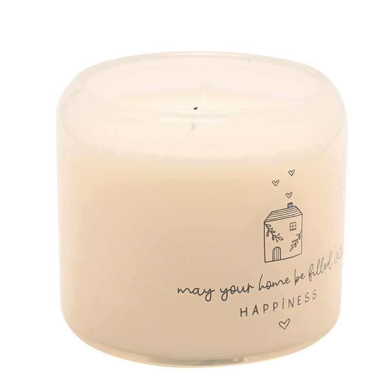 Moments Happy Home candle side view showing illustrated cottage design and happiness sentiment on frosted glass jar