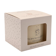 Moments Happy Home candle in heart-print gift box with window front showing 390g double wick candle label