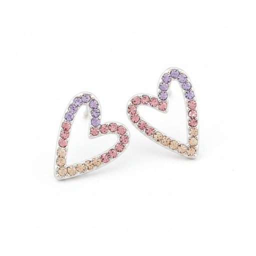 Elegant pastel crystal open heart stud earrings with graduating lilac, pink and champagne stones, silver plated, on a white background