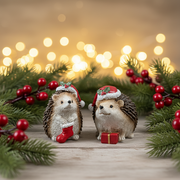 Two Christmas hedgehog decorations in holly-trimmed Santa hats, one holding a red Christmas stocking and one with a small wrapped gift, styled in a warm festive scene with golden fairy lights and pine greenery