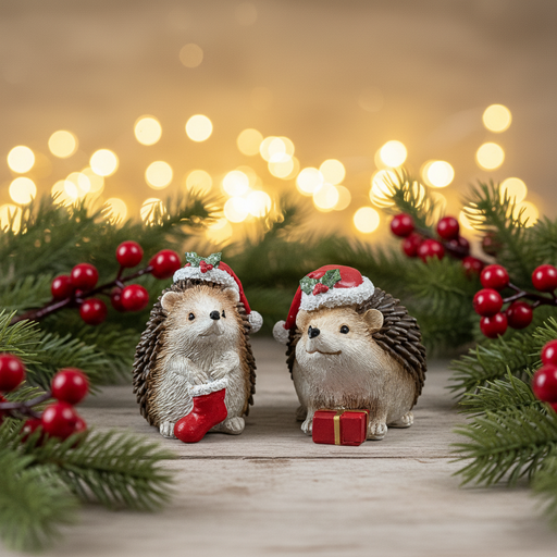 Two Christmas hedgehog decorations in holly-trimmed Santa hats, one holding a red Christmas stocking and one with a small wrapped gift, styled in a warm festive scene with golden fairy lights and pine greenery