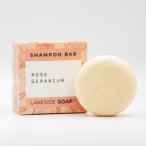 Laneside Soap Co Rose Geranium Shampoo Bar 60g alongside its floral-patterned box on a white background