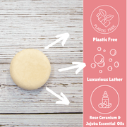 Laneside Soap Co Rose Geranium Shampoo Bar showing plastic free, luxurious lather, and rose geranium and jojoba essential oils highlights