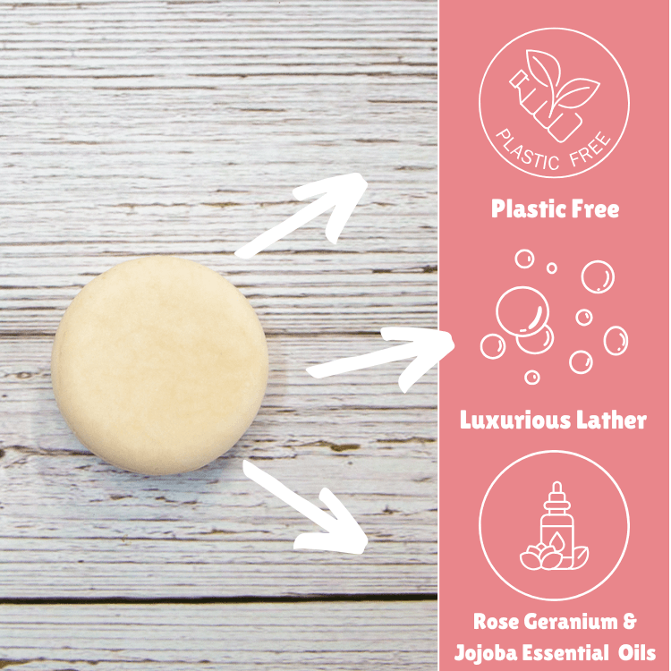 Laneside Soap Co Rose Geranium Shampoo Bar showing plastic free, luxurious lather, and rose geranium and jojoba essential oils highlights