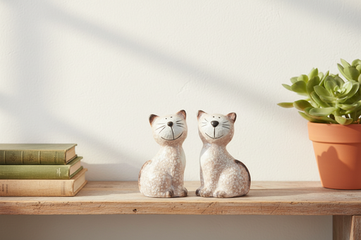 Sitting cat ornaments on a shelf in a home setting