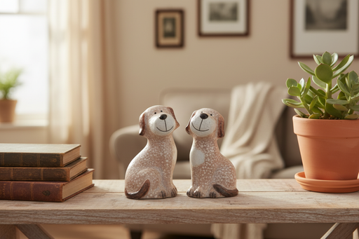 Sitting dog ornaments on a shelf in a home setting